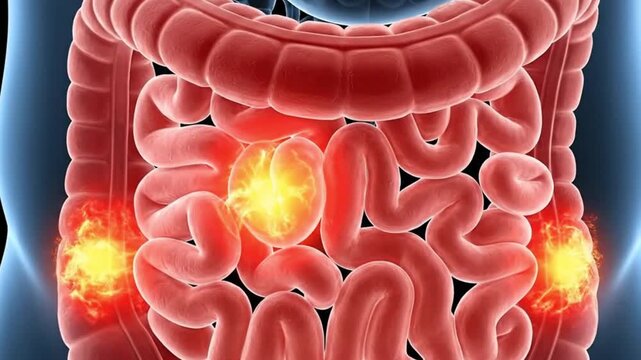 Human digestive system anatomy illustration showing inflamed intestines and gastrointestinal tract inside abdomen