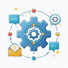 Obraz premium Gear and chat icons. Vector illustration of gear with speech bubbles. Communication and settings symbol. Business and technology concept. Blue and yellow colors. White background.