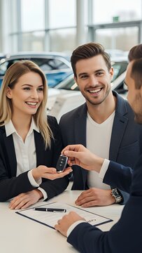Happy caucasian millennial couple receiving car keys from salesman after signing contract in dealership center smiling young spouses buying automobile in modern showroom key car vehicle automobile tra