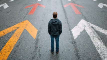 Man standing on a road with directional arrows around him