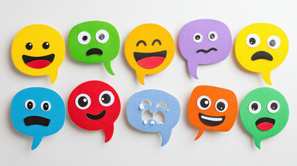 Colorful speech bubbles with various expressive cartoon emoji faces