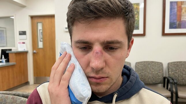 Man with injured nose holding ice pack in clinic