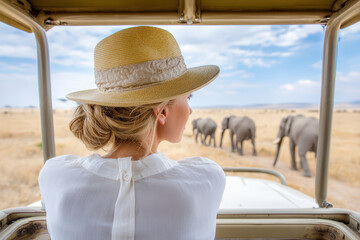 Woman enjoying a scenic safari with elephants in the African savanna