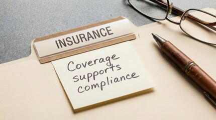 Fototapeta premium Insurance Coverage Supports Compliance Document on Desk