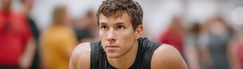 Obraz premium A focused athlete prepares for competition, showcasing determination and intensity in a dynamic sports environment.