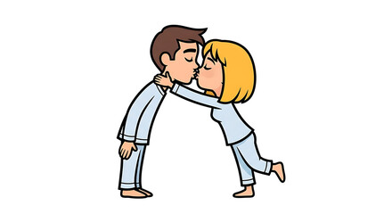 Fototapeta premium Illustration of a man and woman kissing in pajamas, viewed from the side, in a simple graphic style