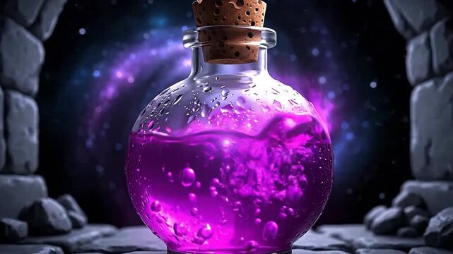 Pixelated Purple Potion Bottle Inside Stone Chamber Against a Galaxy Background