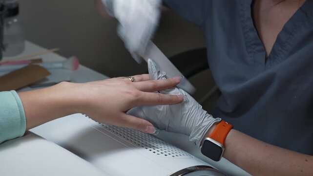 Manicurist shapes nail using salon nail file during cosmetic procedure in beauty salon
