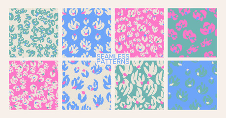 Set of seamless vector patterns with abstract organic shapes and stylized floral elements. Modern decorative style, dynamic composition and trendy color palette