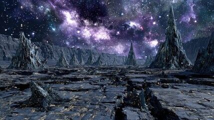 Alien Planet Landscape Under Starry Night Sky