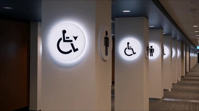 Corporate hallway with inclusive signage icons