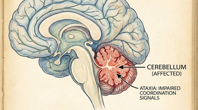 Anatomical illustration of human brain showing cerebellum affected by ataxia