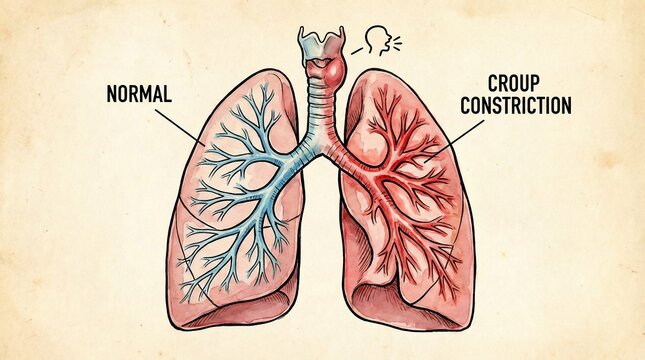 Medical illustration comparing normal airway and croup constriction in lungs