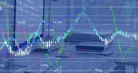Animation of financial data processing against close up of a desk at office - Powered by Adobe
