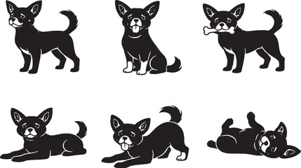 Obraz premium Chihuahua dog poses black and white silhouette set