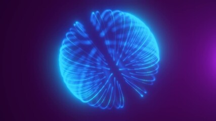 Glowing blue energy sphere made of flowing light strands on a purple background - Powered by Adobe