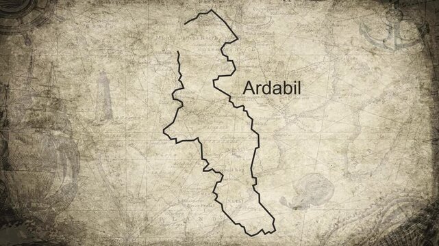Ardabil map drawn on a cartography background sheet of paper