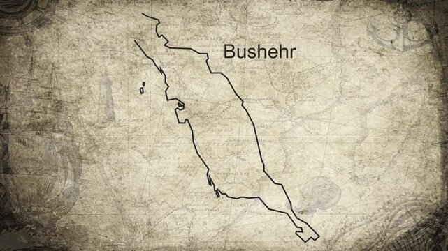 Bushehr map drawn on a cartography background sheet of paper