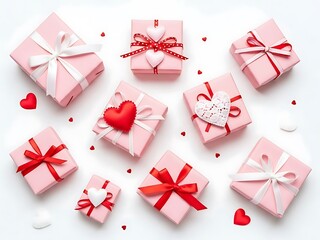 Collection of pink gift boxes with heart themed decorations