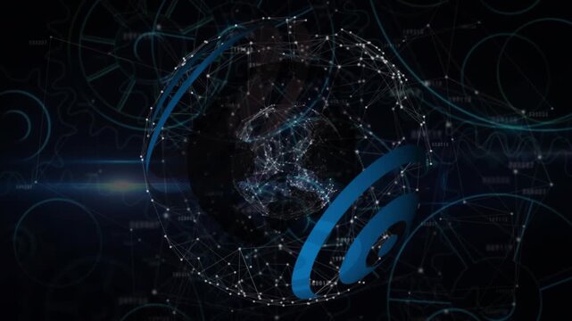 Animation of abstract pattern around globe and connected dots forming globes over mechanical gears