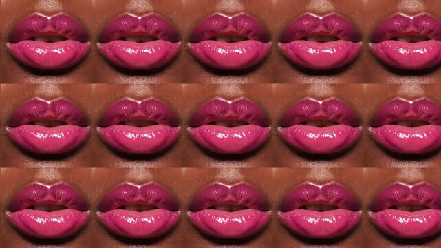 Elegant seamless background pattern featuring glossy vibrant pink lips with shiny texture for fashion makeup and beauty concepts