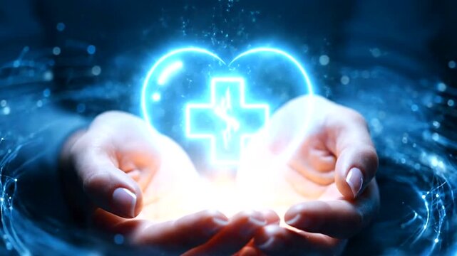 Glowing medical heart icon with a plus sign held in human hands representing healthcare technology and support.