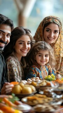 A family gathered around a Haft-Seen table, dressed in traditional Persian attire, celebrating Nowruz with smiles and joy