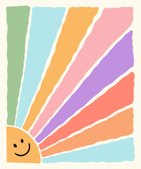 Wavy Groovy Sun Face Vintage Background. Abstract Psychedelic Retro Sunburst Print. Boho Smile Summer Poster. 70s Wavy Rays Vector Illustration. Boho Wave Flower Bg Set. Colorful Retro Graphic Design.