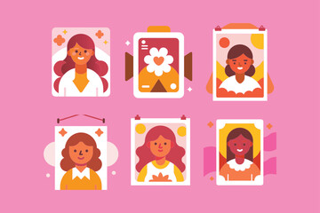 Cute female avatar portrait card set with diverse women characters
