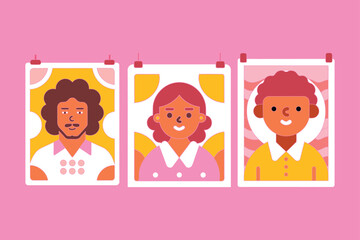 Cute female portrait photo frame illustration set with smiling women characters