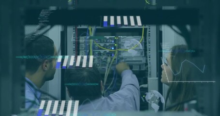 Animation of data processing over team of diverse engineers working at computer server room - Powered by Adobe