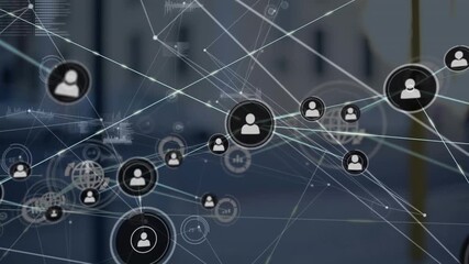 Animation of network of digital icons and data processing against city traffic - Powered by Adobe
