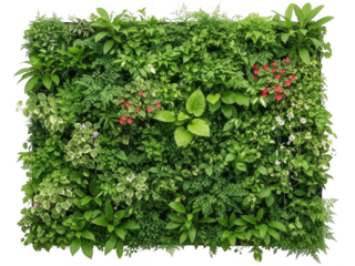 Lush green vertical garden with red accents