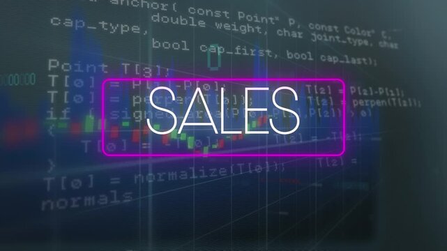 Animation of sales text in rectangle over graphs against computer language in background