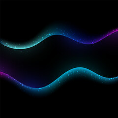 Abstract neon wave background with glowing teal and purple light ribbons on black backdrop