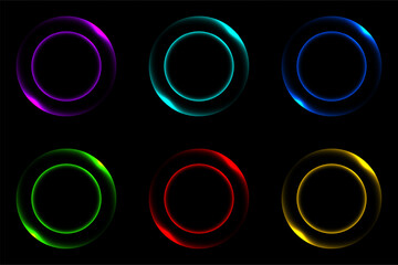 Neon glowing rings collection with six vibrant colors and futuristic double circle design on dark black background for technology and digital art