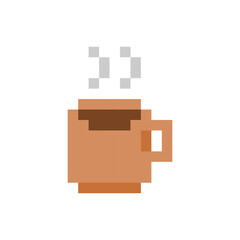 Pixel art icon of a coffee or tea cup in retro 8-bit style. Pixelated hot beverage with steam. Ideal for apps, games, user interfaces, cafes, and digital design projects. Vector