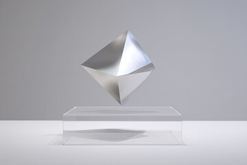Abstract Geometric Metallic Prism Displayed On Glass Base