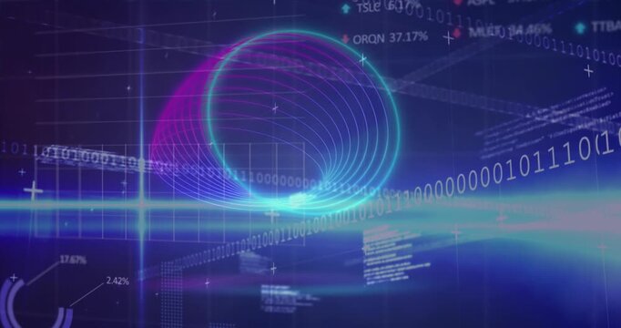 Animation of neon spiral shapes in seamless pattern over statistical, stock market data processing