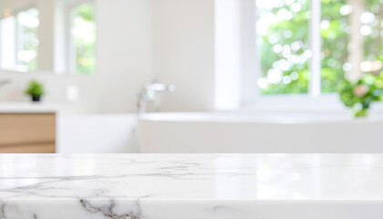 mpty white Carrara marble table top with blurred bright bathroom interior background