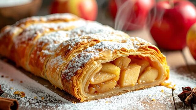Close Up Apple Strudel Dessert with Powdered Sugar and Apples on Wooden Table