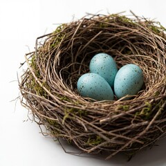 Obraz premium Natural twig bird nest with three blue eggs isolated on white.