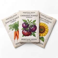 Colorful paper vegetable and flower seed packets isolated on white.