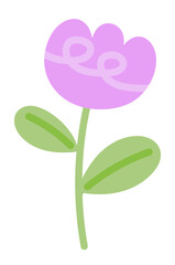 Purple tulip flower with green leaves for nature, garden, tree, plants, blossom, blooming, park, picnic, home yard, sticker, cartoon, floral print, decoration, patch, brooch, pin, tattoo, icon