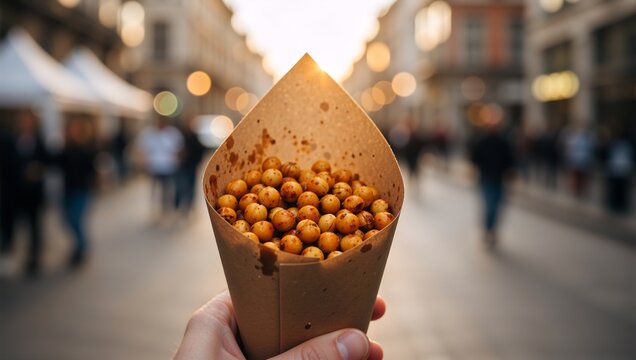 Roasted chickpeas in a paper cone against the backdrop of the city at sunset.