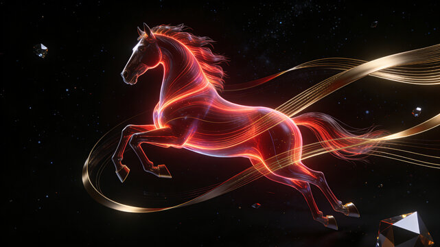 Dynamic Light and Shadow Zodiac Leaping Horse Red Gold Gradient Flowing Light Belt 3D Background