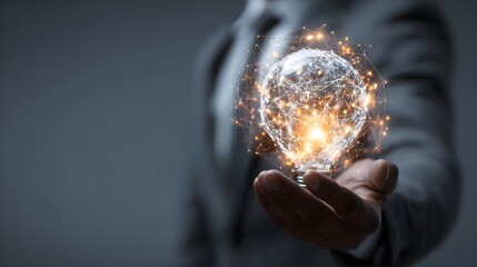 Businessman holding a glowing light bulb with virtual global internet connections,digital data.Concept: Global internet connectivity, digital innovation, digital marketing, fintech, banking technology