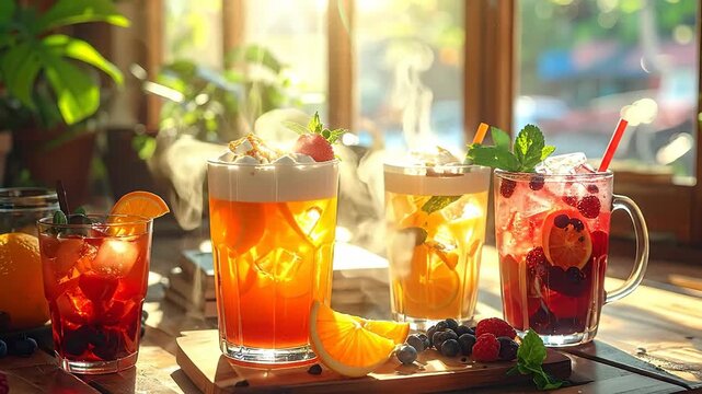 Close Up Shot Of Refreshing Fruit Drinks On Wooden Table In Sunny Daylight With Steam Rising and Blurred Background