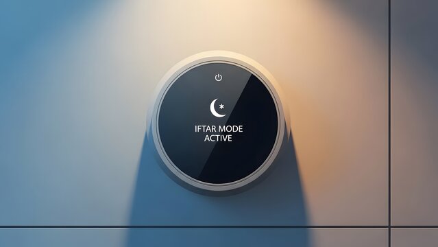 Modern Circular Device Display Showing Iftar Mode Active in Ambient Light