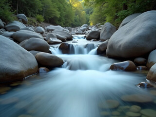 Crystal clear mountain stream flowing over smooth stones, long exposure effect, soft natural daylight, calm and clean aesthetic, minimal composition, pure nature only, ultra sharp, realistic water tex